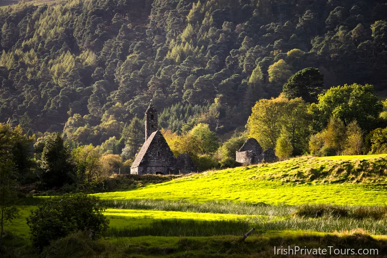 Glendalough church ruins and Wicklow mountain landscape